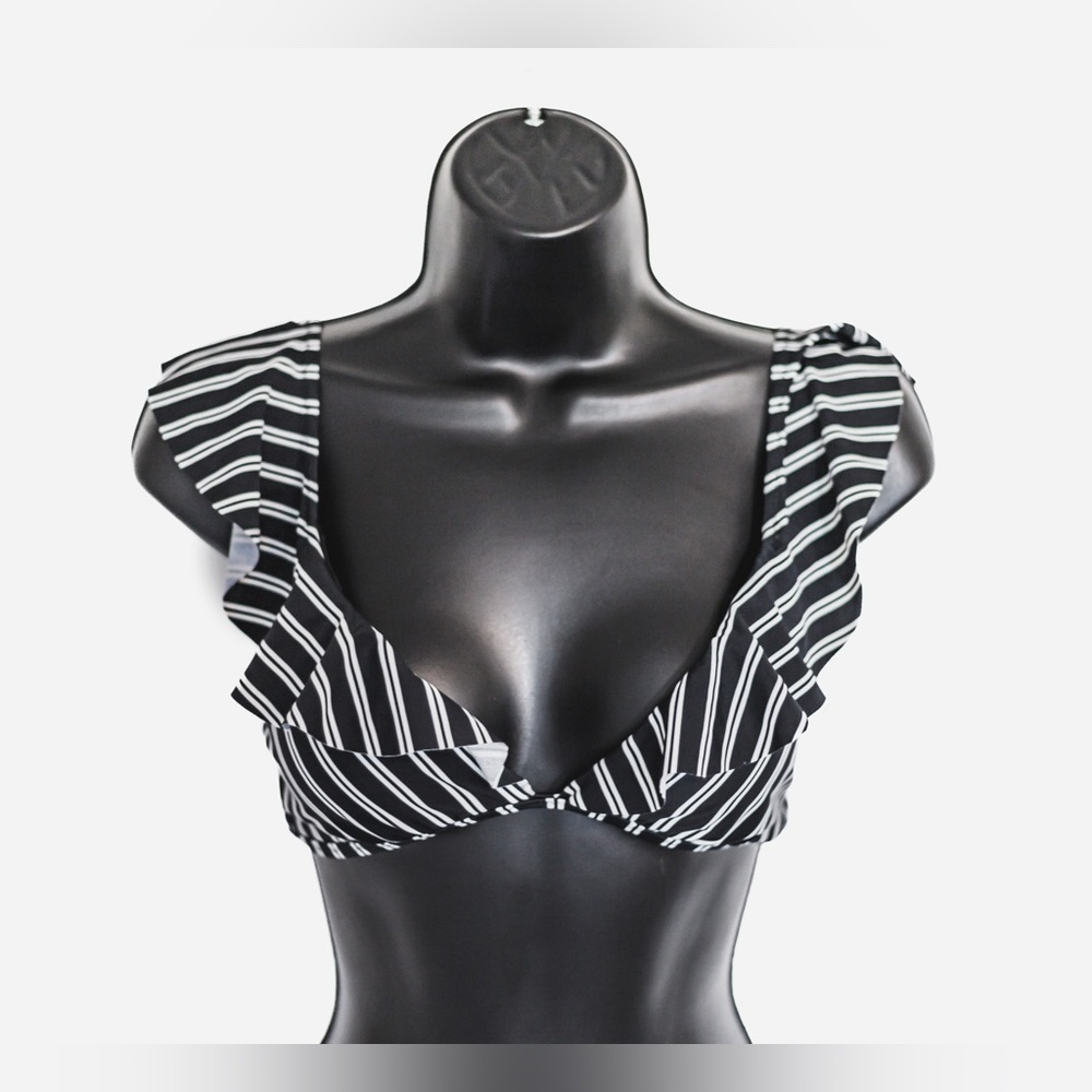 Alter’d State black/white stripe deep V ruffle bikini top padded cups